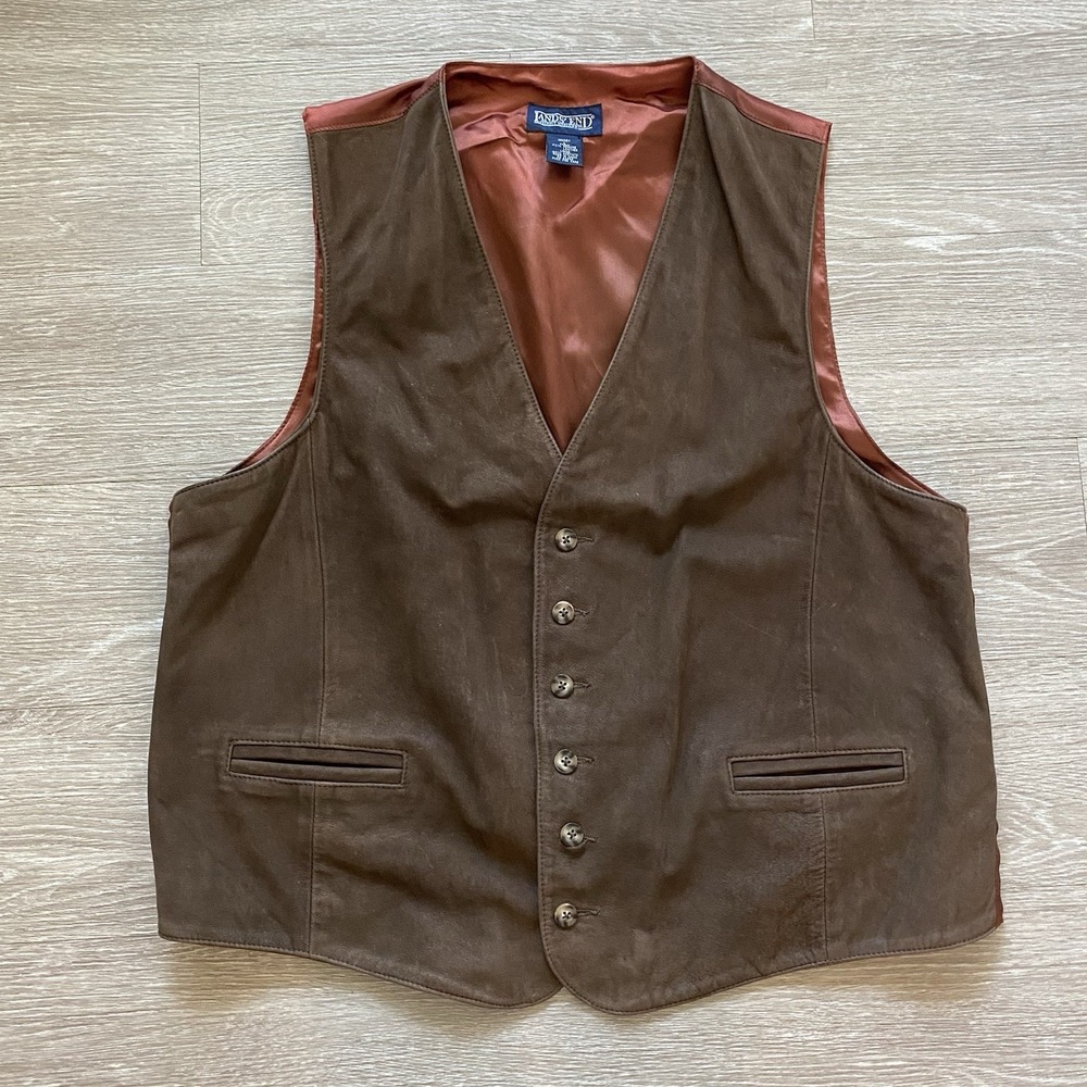 Vintage Lands' End Leather Vest Men's L Brown Western Cowboy Adjustable Lined